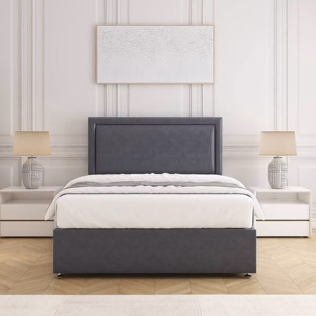 BSSPOKE Ella Divan Bed Set with 24 inch Headboard and Mattress in Charcoal Grey Plush Velvet, W/D/H: 120 x 200 cm