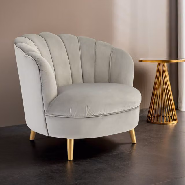 Orsina Grey Velvet Scalloped Armchair with Gold Legs – 2