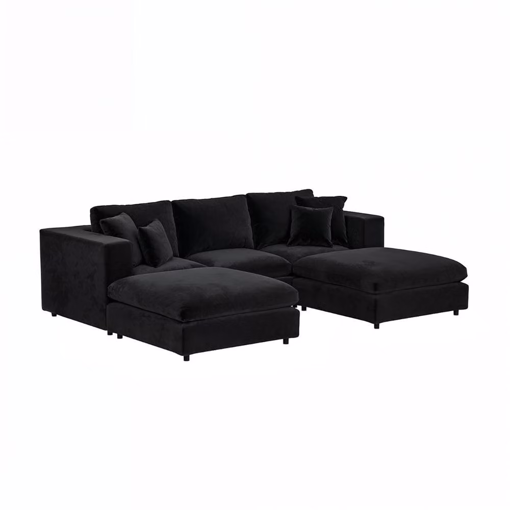 Solace+Co Asher U Shape Corner Sofa Bundle in Black Velvet with Matching Ottoman and Scatter Cushions – 3