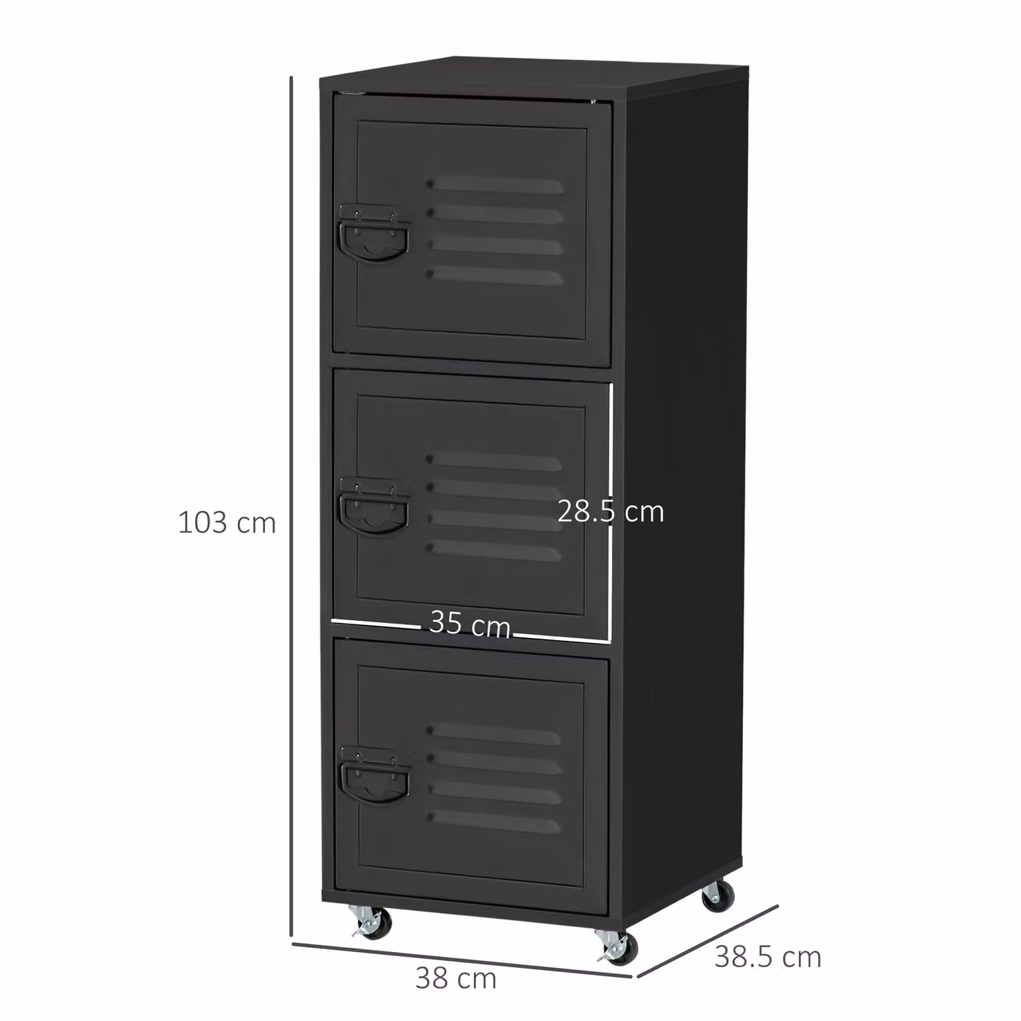 HOMCOM 3-Tier Rolling Storage Cabinet with Metal Hinged Doors in Black – 3