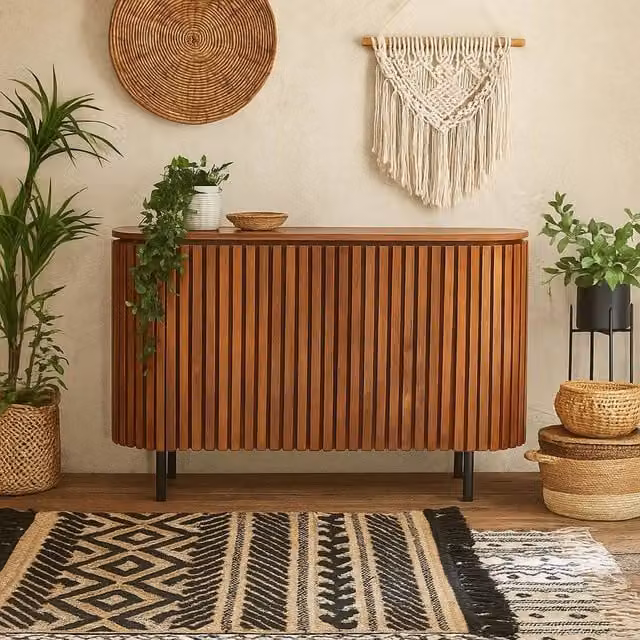 Wyld Haus California Mid-Century Slatted Mango Wood Two Door Sideboard in Brown and Black