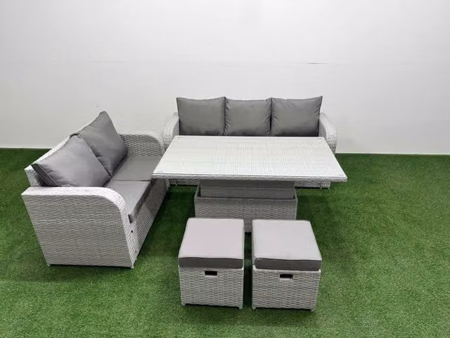 Fimous 7 Seater Grey PE Rattan Wicker Garden Furniture Set with Adjustable Lifting Dining or Coffee Table