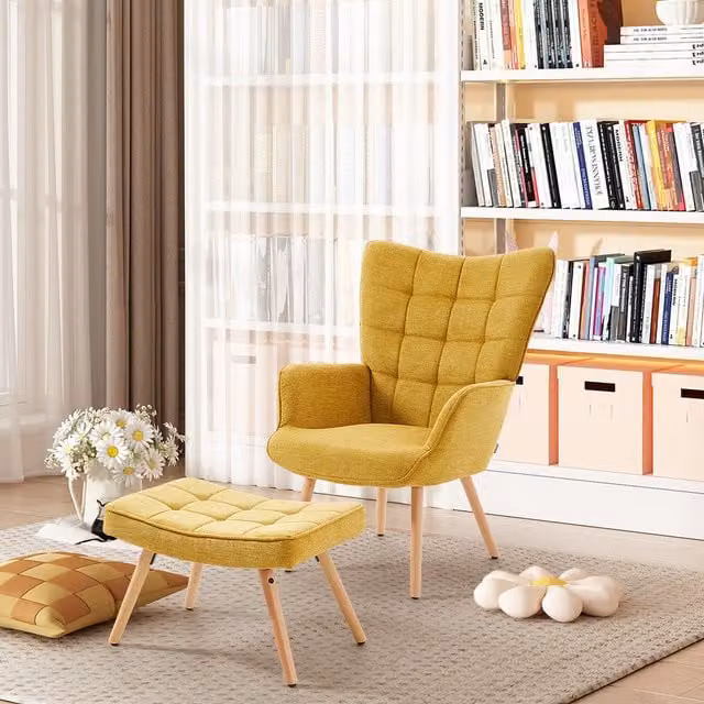 Livingandhome Modern Yellow Fabric Upholstered Wingback Armchair with Integrated Ottoman