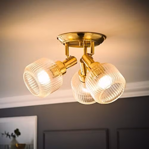 ValueLights Calpe 3 Way Adjustable Ceiling Spotlight with Transparent Glass Shades in Gold/Brass – 2