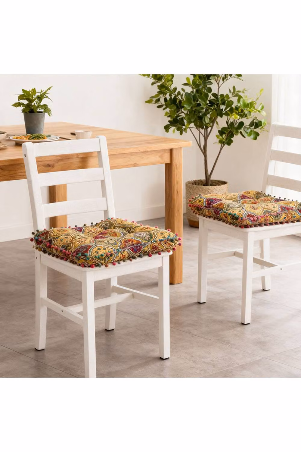 Living and Home Bohemian Patterned Pom-Pom Trimmed Linen Seat Cushion in Yellow and Multicolour, W/D/H: 40 x 40 x 8 cm – 3