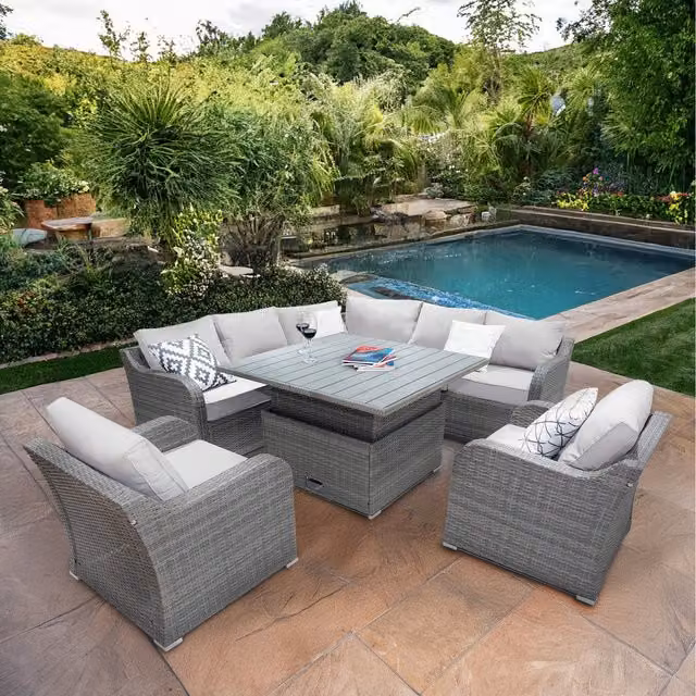 Valletta Grey Rattan Garden Corner Sofa Set with Adjustable Dining Table
