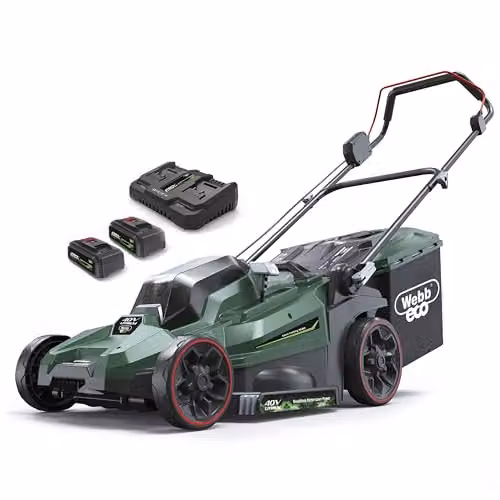 Webb Eco 40V Cordless Rotary Lawnmower in Green with 43cm Cutting Width, 50L Collection Bag and Rechargeable Battery