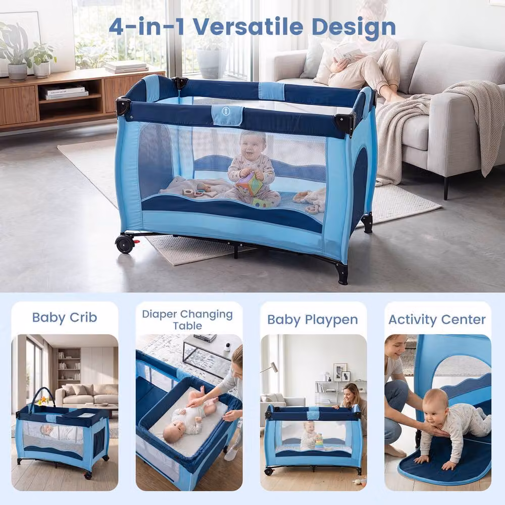 Gymax Folding Playpen in Blue with Diaper Changing Table, 2 Lockable Wheels and 3 Hanging Toys – 6
