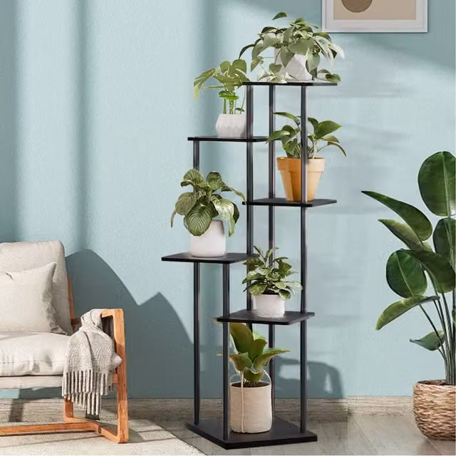 Livingandhome 6 Tier Black Corner Plant Display Stand with Wood and Metal Finish