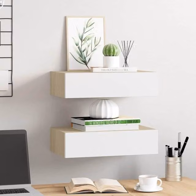 Berkfield Home Wall Mounted Drawer Shelves, 2 Piece Set in Oak and White, W: 40 cm, D: 23.5 cm, H: 10 cm