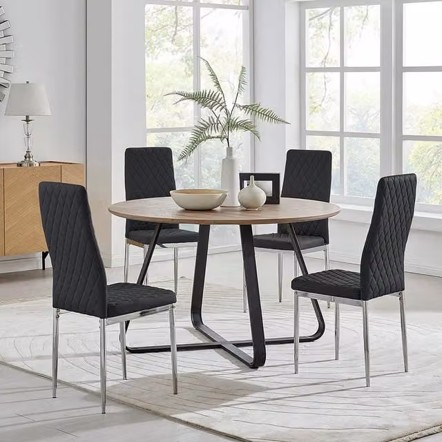 FurnitureboxUK Santorini Brown Wood Round Dining Table and 4 Black Milan Chairs Set, Diameter: 120 cm – 1