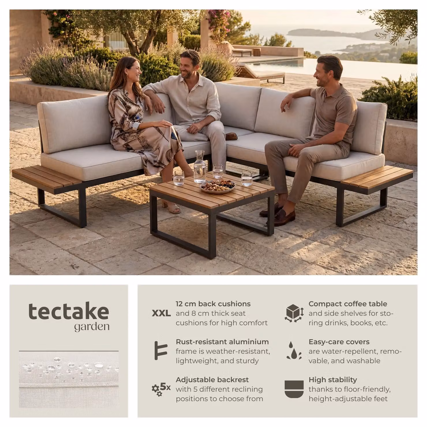 tectake Eliar 4-Piece L-Shape Garden Lounge Set with Black Powder Coated Aluminium Frame and Upholstered Cushions – 2