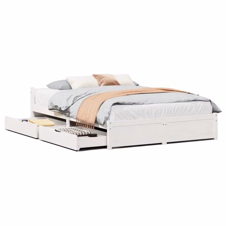 Berkfield Home White Solid Wood Pine Bed Frame with Drawers W/D/H: 140 x 200 cm