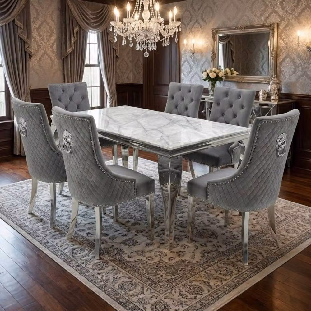 Home Luxe Interior Sofia Grey Marble Dining Table and 6 Minister Grey Lion Chairs, Width: 180 cm – 3