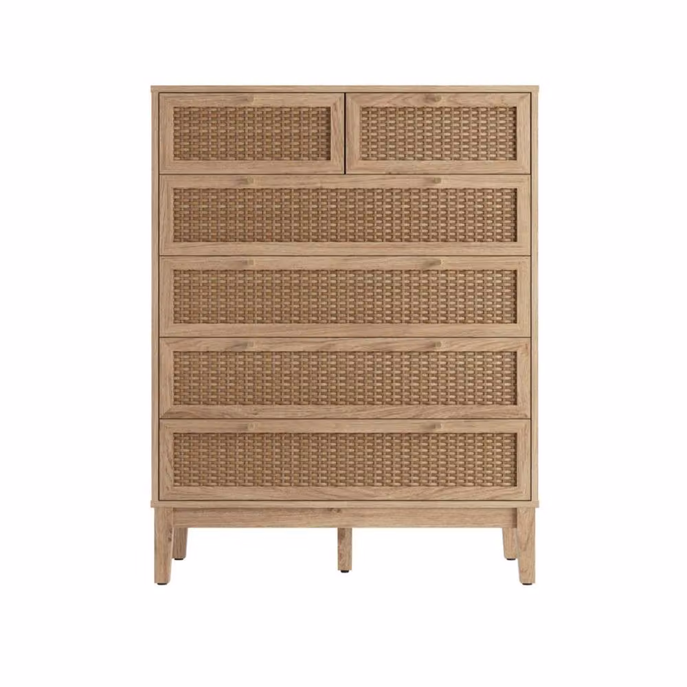Wyld Haus Waterford 6 Drawer Chest in Oak and Natural Woven Rattan, W/D/H: 109 x 39 x 48.5 cm – 2