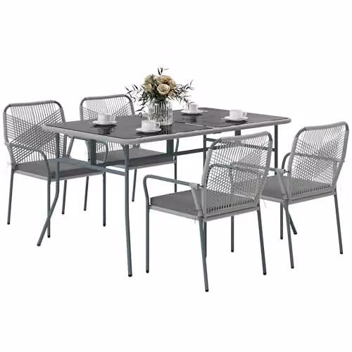 Outsunny 5 Piece Grey PE Rattan Garden Dining Set with Glass Top Table and Weather Resistant Cushions – 1