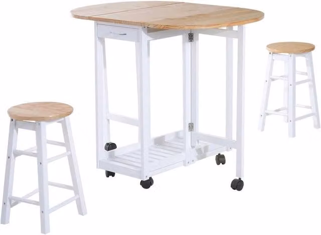 Kelvenix 3-Piece Modern White Wooden Kitchen Cart Trolley Table with Drop Leaf and Castors – 1