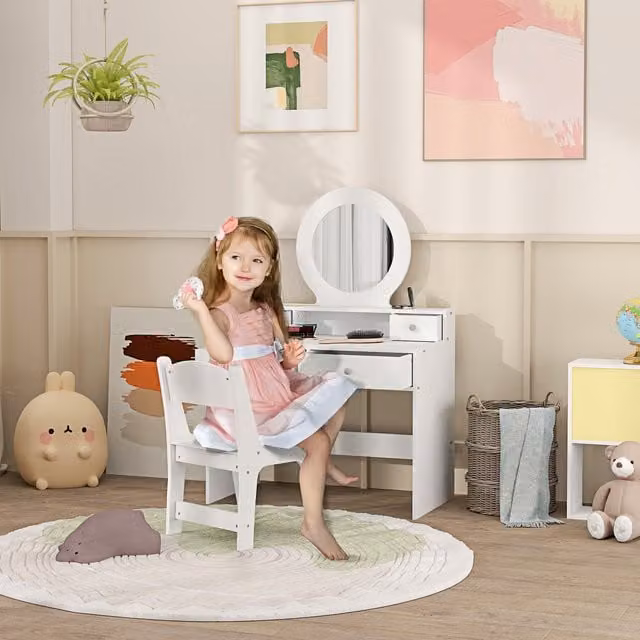 AIYAPLAY Kids Dressing Table Set with Stool, White