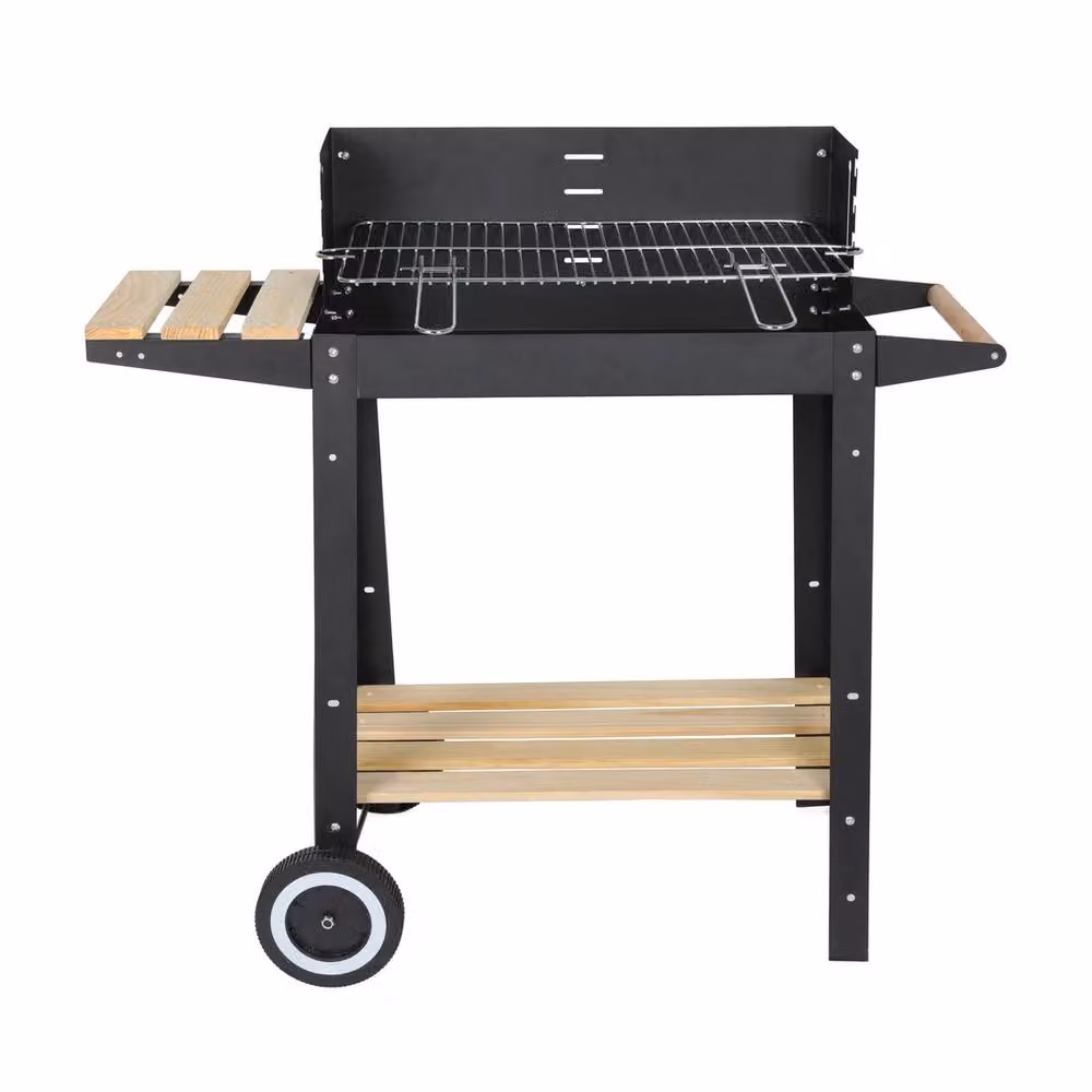 NESTLUNE Black Charcoal BBQ Grill with Stainless Steel and Wood Cart, W: 100 cm, D: 15 cm, H: 15 cm – 4