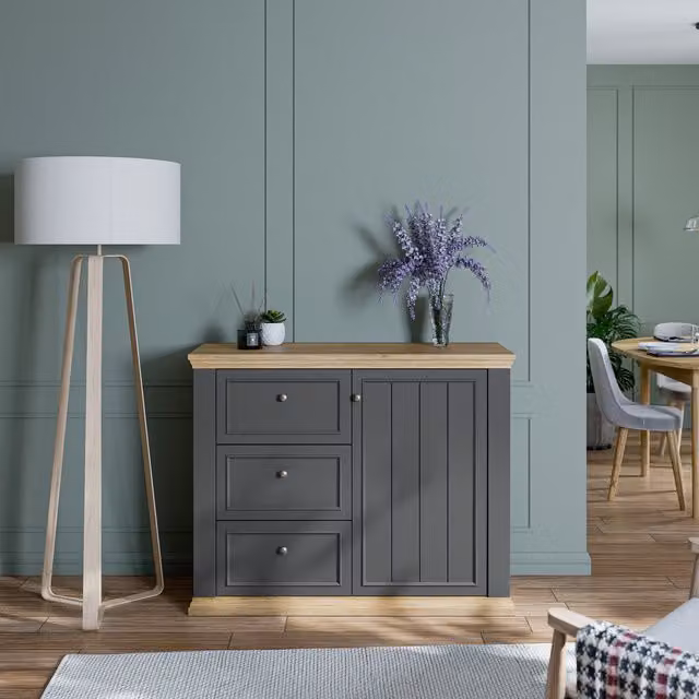 Furniture To Go Pontypool Classic Sideboard with 3 Drawers and 1 Door in Grey and White Oak