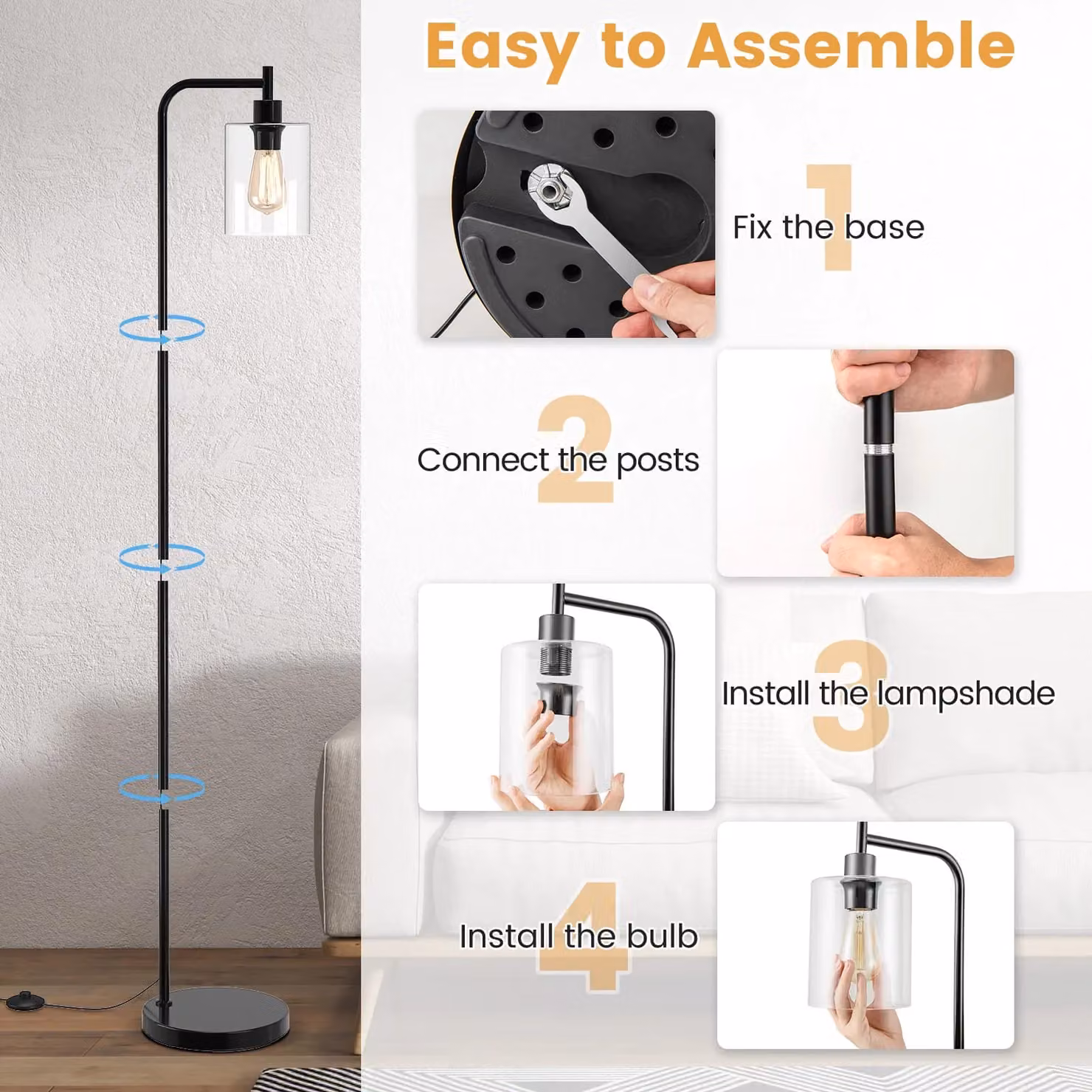 Gymax Industrial Floor Lamp with Transparent Glass Lampshade in Black – 5