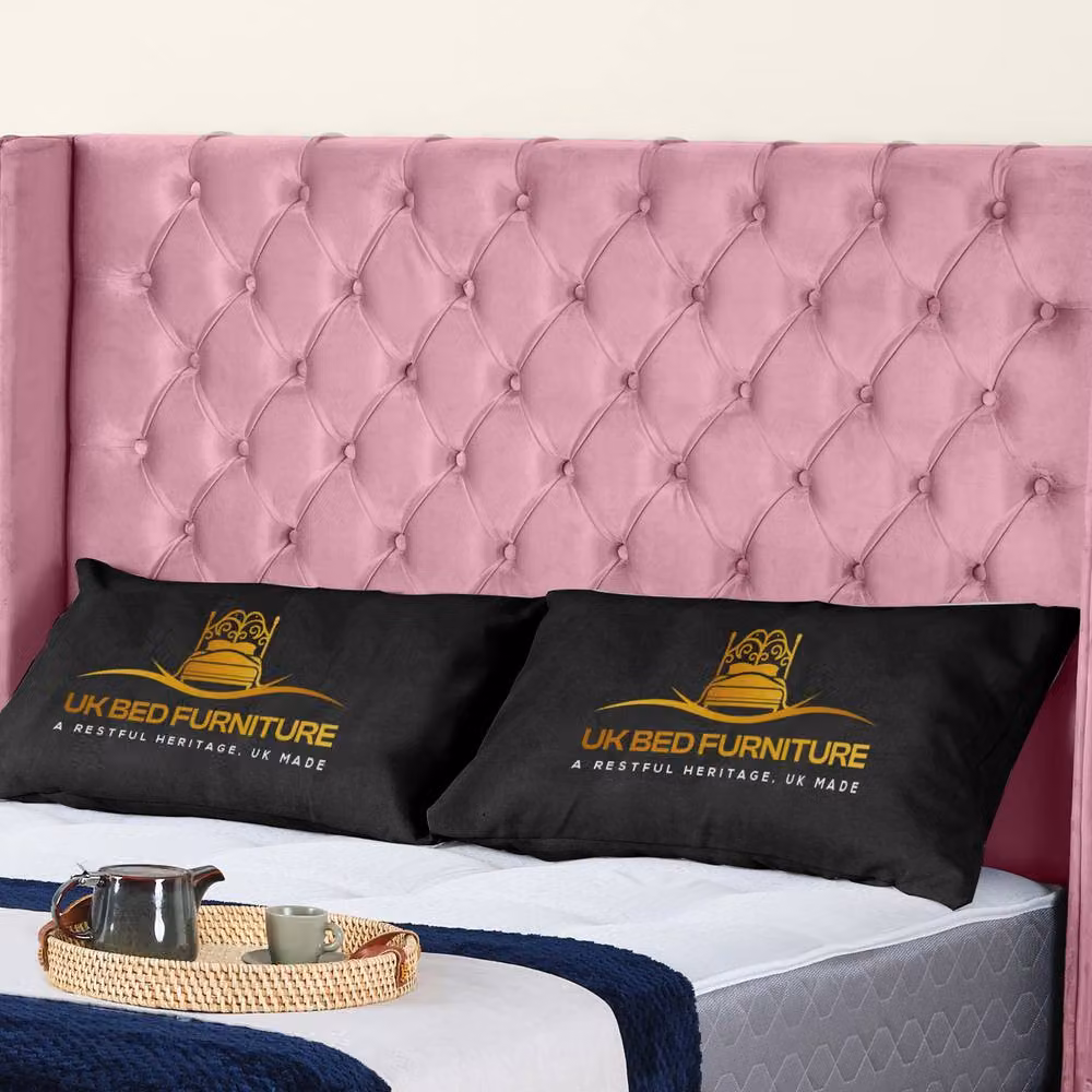 UK Bed Furniture Windsor Wingback Upholstered Velvet Slatted Bed in Pink, W/D/H: 180 x 200 cm – 2