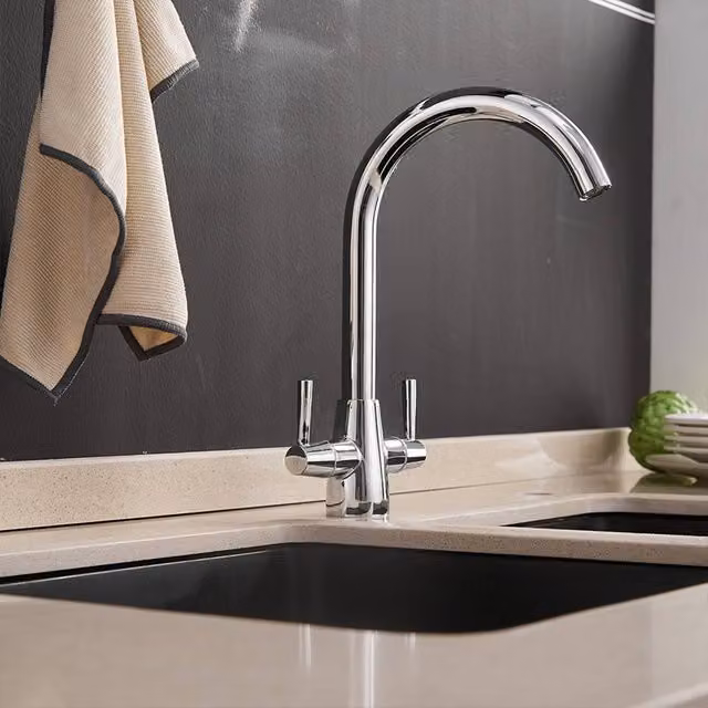 Heable Chrome Dual Lever Kitchen Mixer Tap with Swivel Spout in Silver – 1