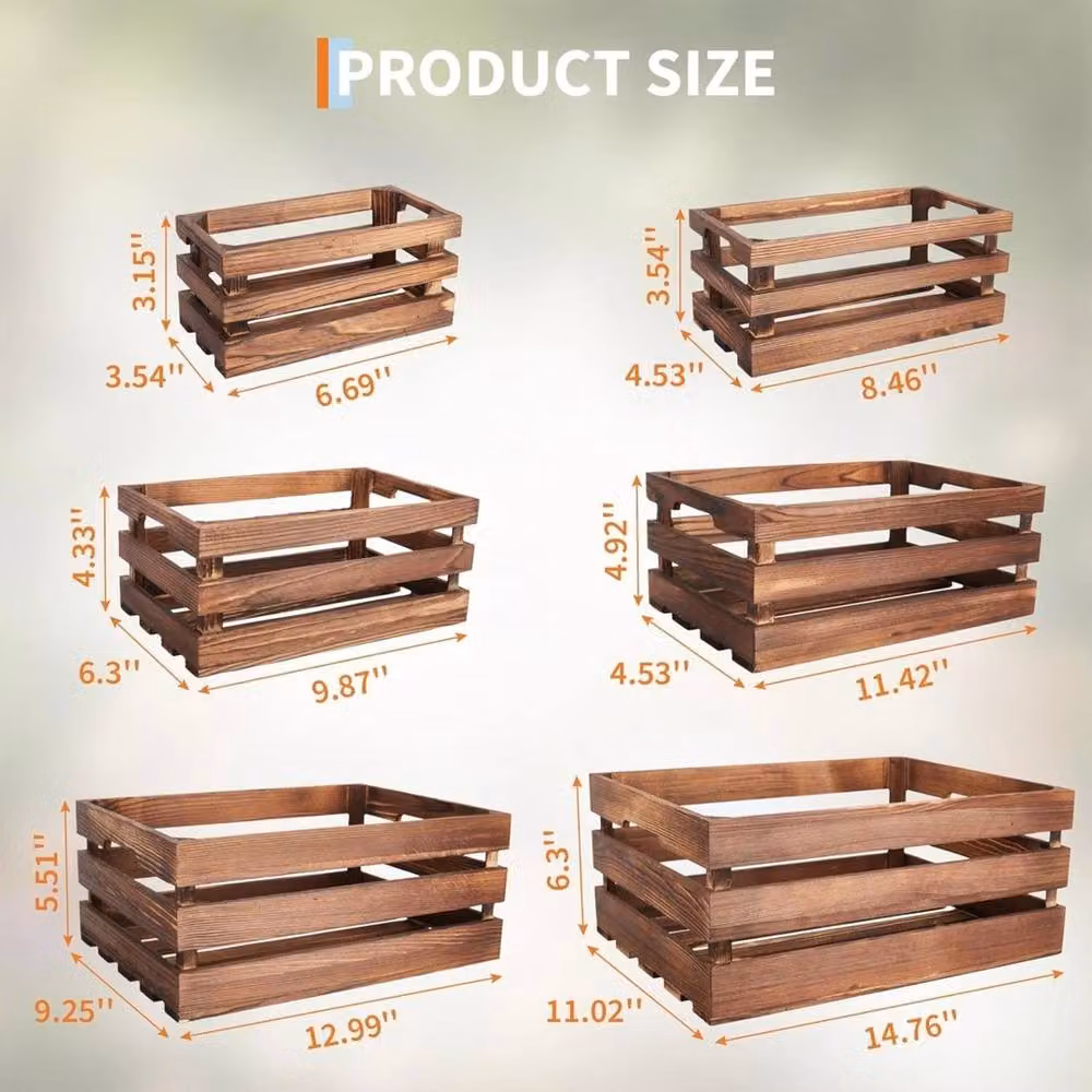 VOGREX 6 Piece Set of Slatted Natural Wood Storage Crates in Brown and Multicolour – 2