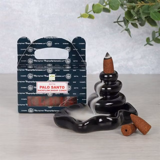 Satya Palo Santo Backflow Dhoop Cones Set of 6 Packets in Grey and Brown with Ceramic Tabletop Burner