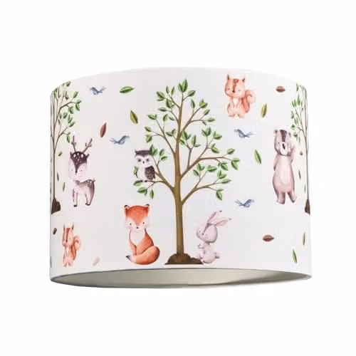 Happy Homewares Round Fabric Lamp Shade in Multicolour with Woodland Animals Design, Diameter: 25 cm