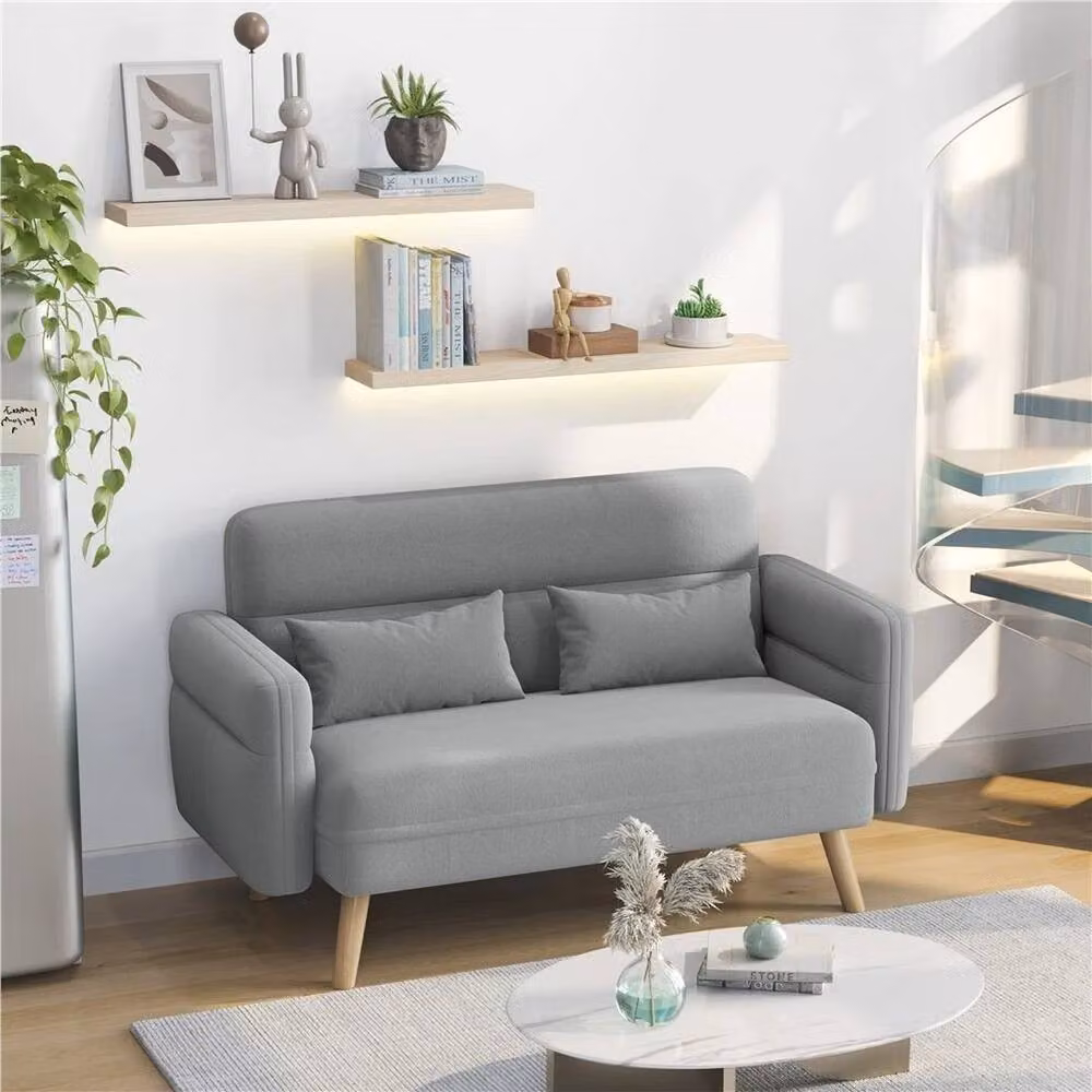 NESTLUNE Grey 2 Seater Upholstered Futon Sofa Bed with Sleeping Function, W: 100 cm, H: 15 cm – 2