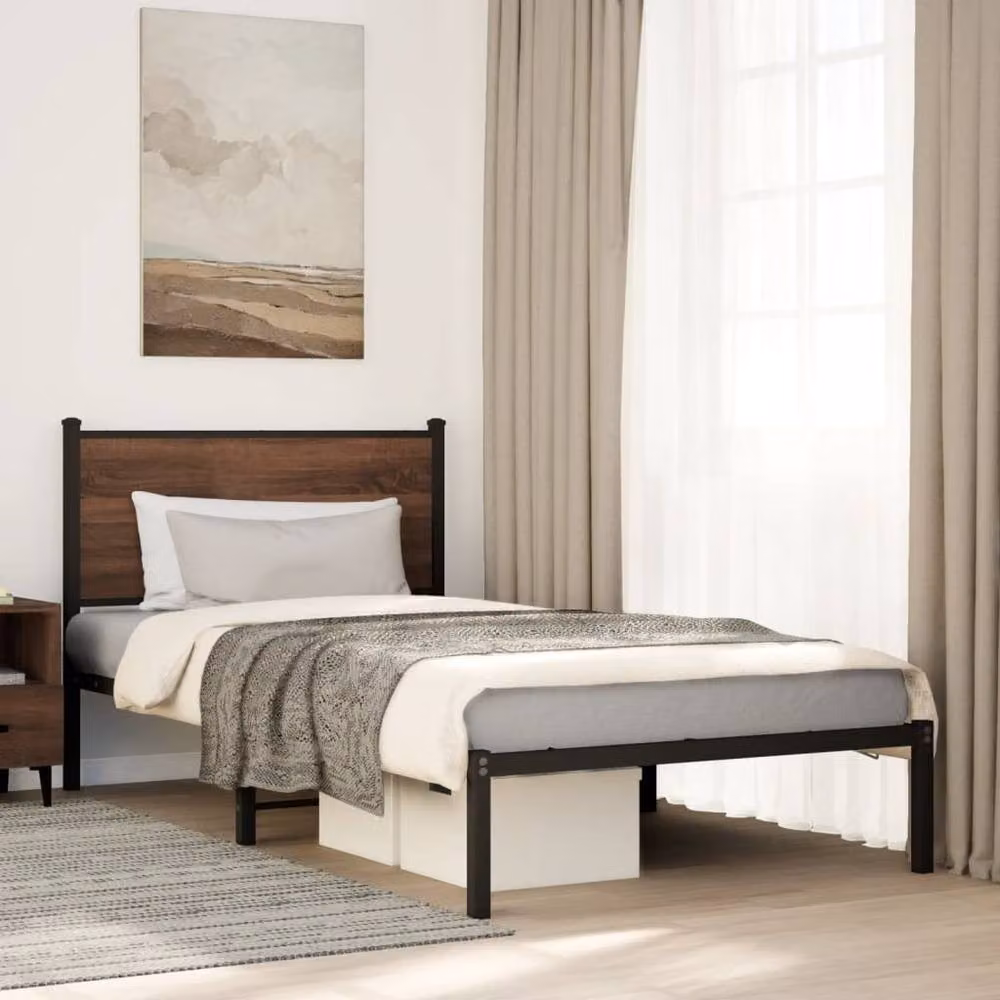 Berkfield Home Metal Bed Frame in Brown Oak, W/D/H: 100 x 190 cm – 2