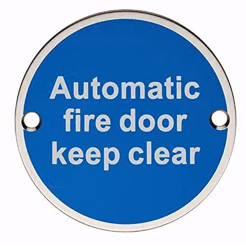 Loops Automatic Fire Door Keep Clear Plaque in Brushed Satin Stainless Steel, 7.6 cm Diameter