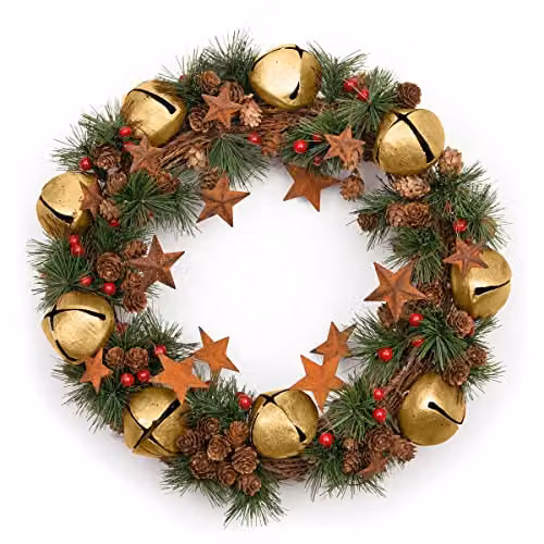 Shatchi Gold and Red Christmas Wreath with Stars and Leaves, Diameter: 40 cm – 1