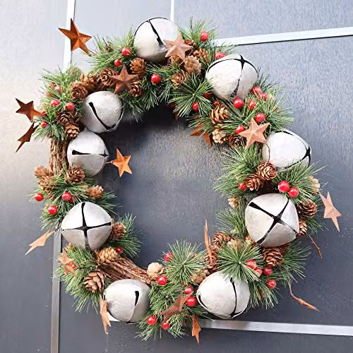 Shatchi Green and Silver Christmas Wreath with Bells, Stars and Pine Leaves, Diameter: 25 cm – 3