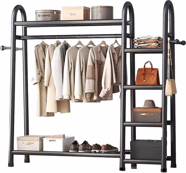 VOGREX Heavy Duty 2-Tier Metal Garment Rail with Storage Shelf in Matt Black, W/D/H: 150 x 41 x 110 cm – 1
