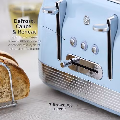 Swan Retro Kitchen Set in Blue, featuring a 1.7L Rapid Boil Jug Kettle and a 4 Slice Toaster – 4