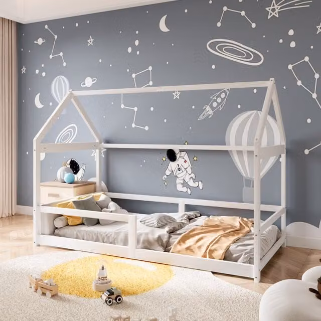 Livingandhome White Lacquered Solid Pine Wood Kids House Bed Frame