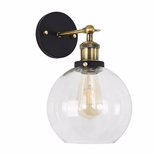 ValueLights Sheridan Industrial Wall Light with Transparent Glass Sphere Shade, Black and Gold/Brass, Includes Warm White LED Bulb