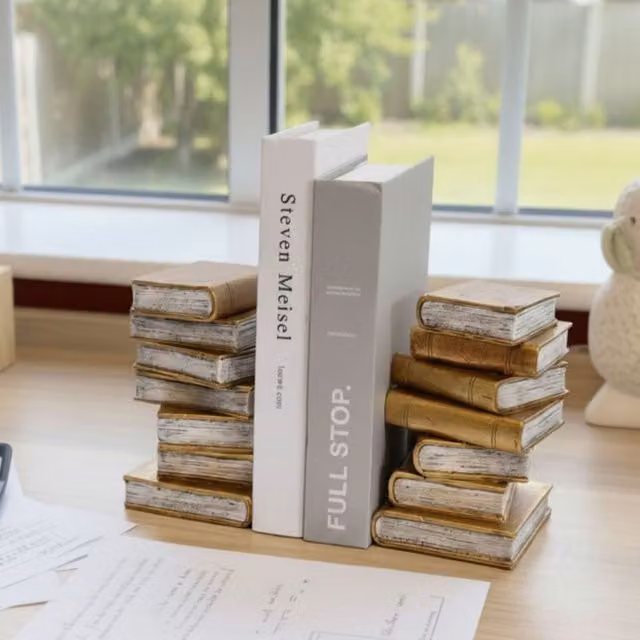 Maison Des Cadeaux Antique Book Stack Bookends in Bronze and Gold