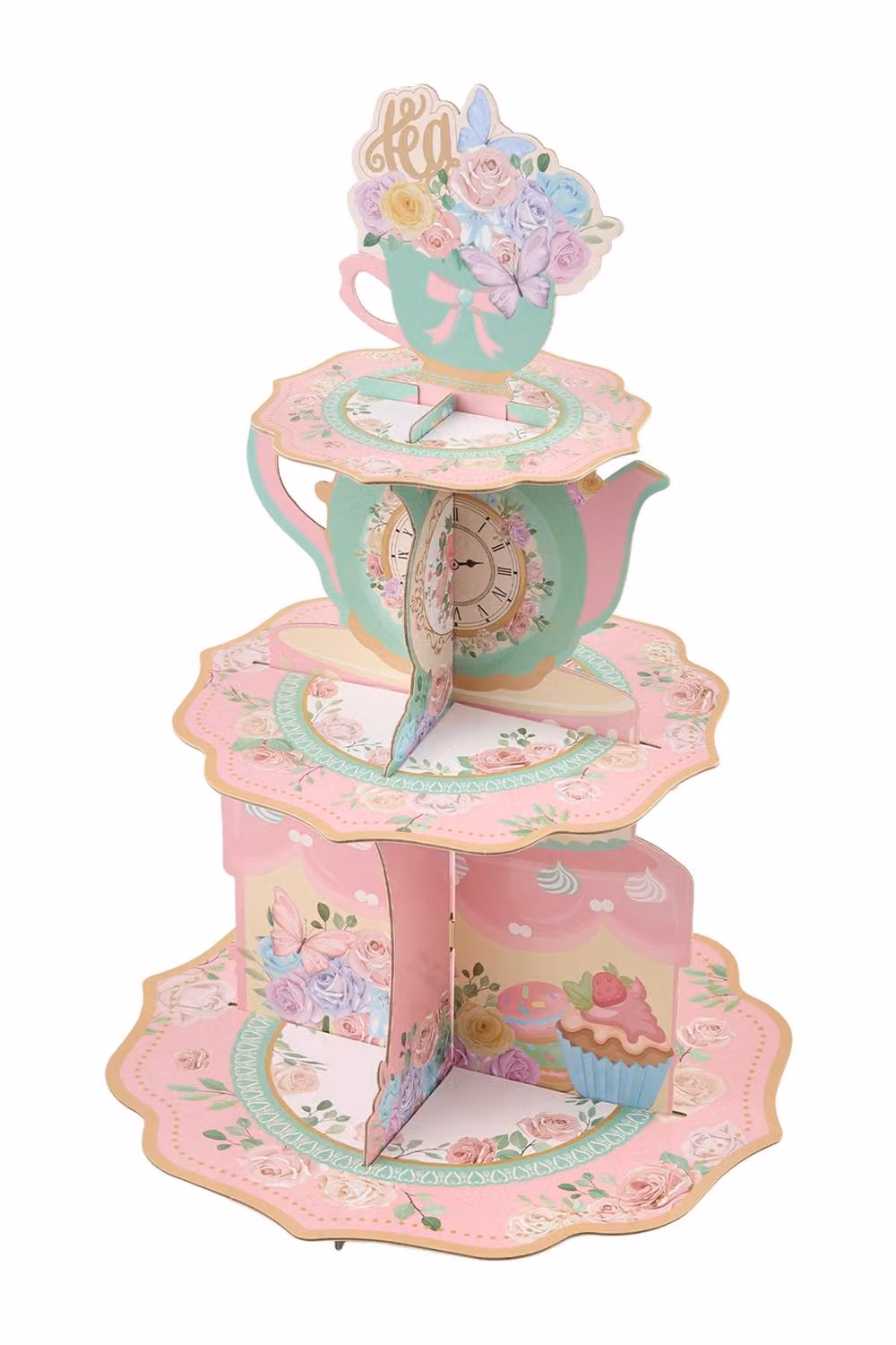 Living and Home 3-Tier Floral Cardboard Cupcake Display Stand in Pink – 3