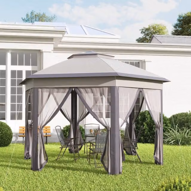 Outsunny Hexagon Gazebo with Metal Frame, Beige, W: 4.05 m, D: 3.4 m