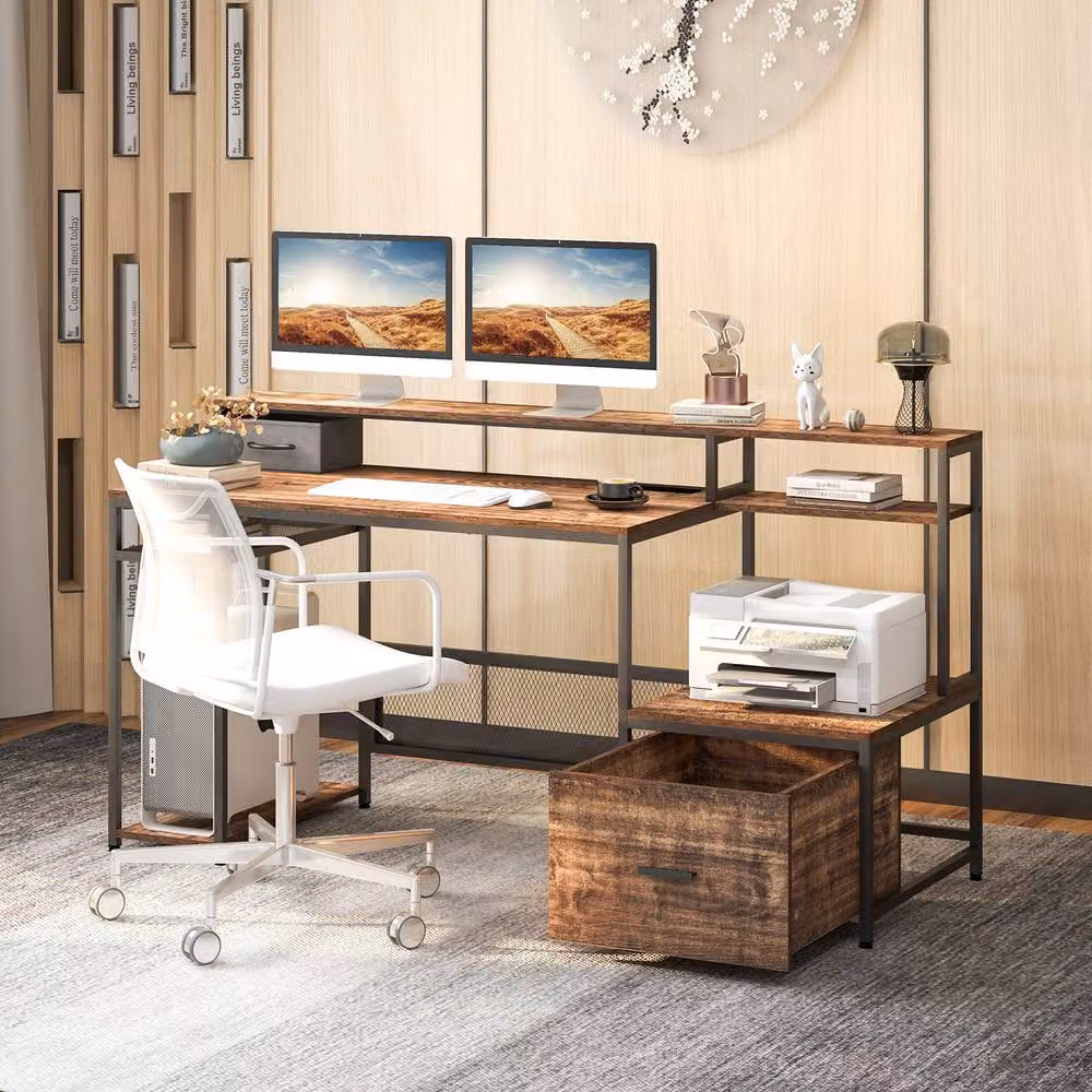 Costway Computer Desk with Monitor Stand and Power Outlets, Brown – 2