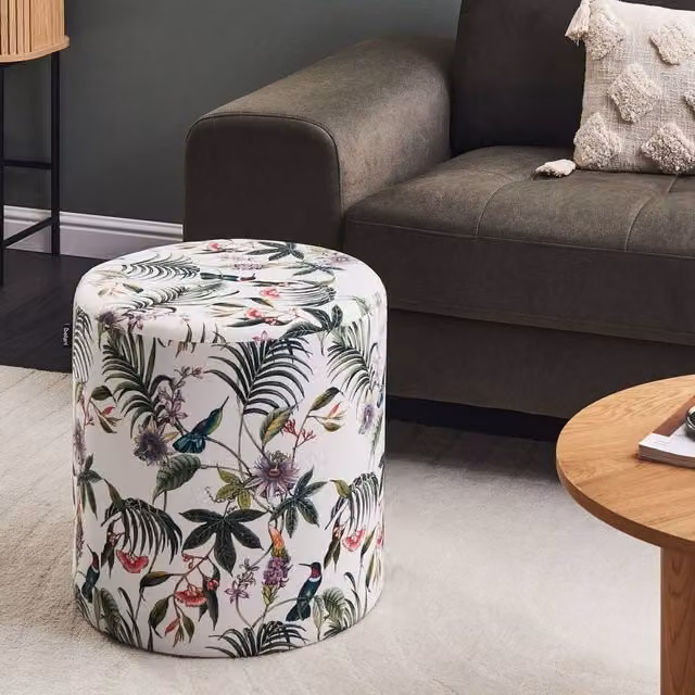 Wyld and Coco Round Floral Velvet Ottoman Pouffe in Multicolour
