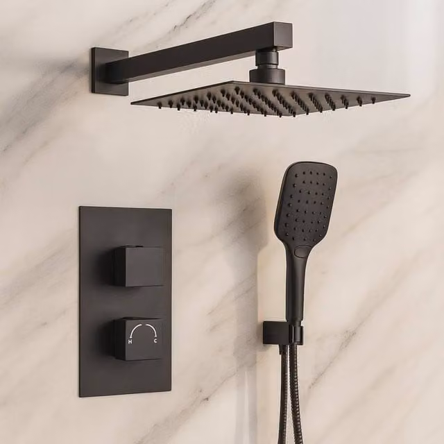 Bathroom Kingdom Avon Black Square Thermostatic Shower Set with 250mm Overhead Shower and Hand Shower
