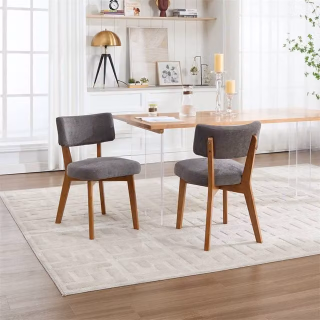 Direct Wicker Set of 2 Mid-Century Grey Linen Dining Chairs with Solid Wood Frame