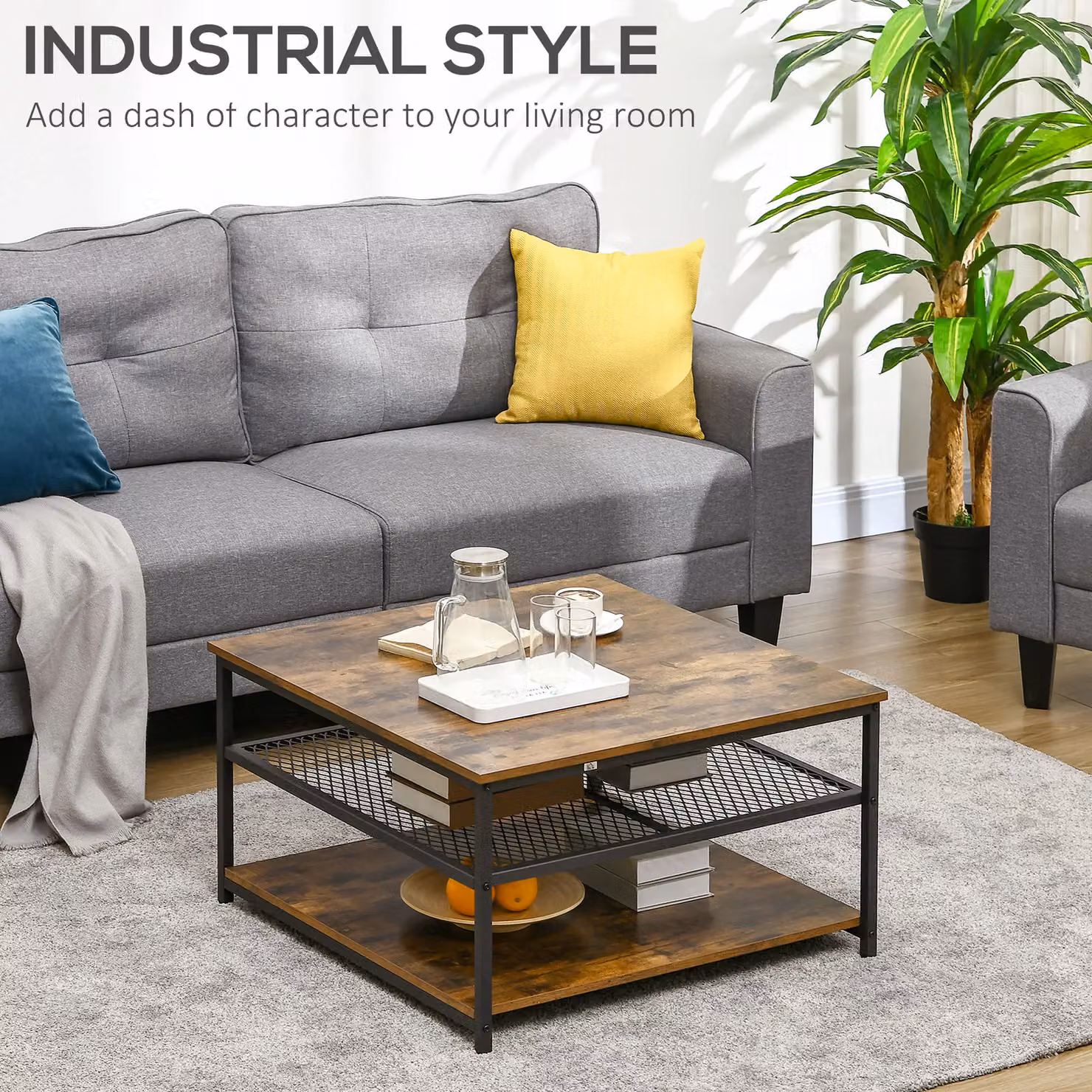 HOMCOM Industrial Coffee Table with 3-Tier Storage Shelves in Brown – 3