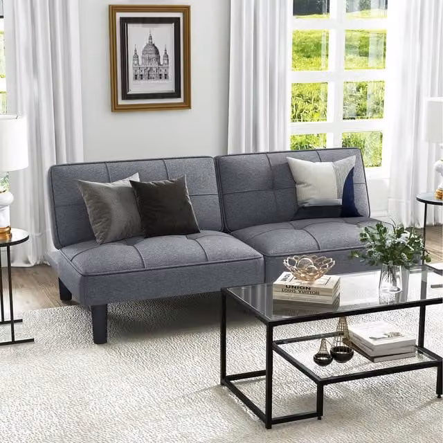 Costway Modern Grey Fabric Convertible Folding Futon Sofa Bed with Foam Upholstered Frame