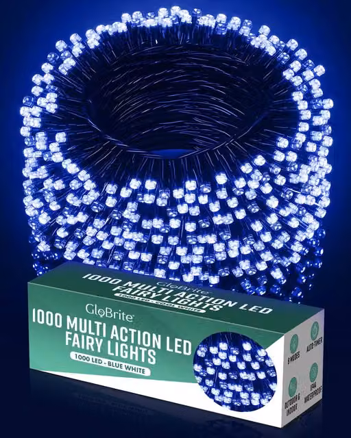 Globrite Blue and White LED String Fairy Lights with Remote Control and Timer, 1000 LED, 100m