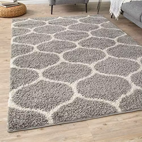 THE RUGS Moroccan Shaggy Area Rug in Grey and White, W: 60 cm, D: 110 cm, H: 3 cm